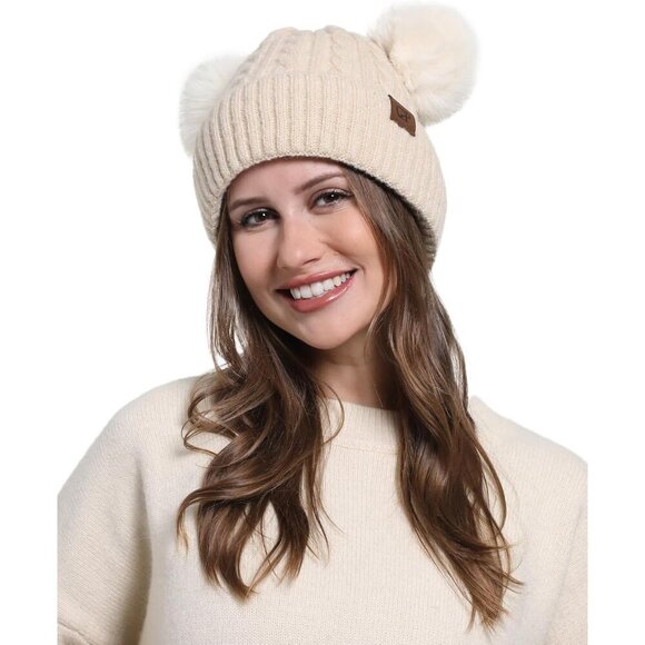 Women\'s Beige with Double Pom Pom Womens Winter Knitted Beanie Hat main image 8